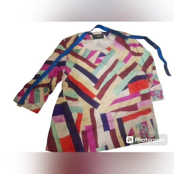 Chanel Multicolor Stripe Print Silk Twill Blouse FR 38 - Picture 5 of 13